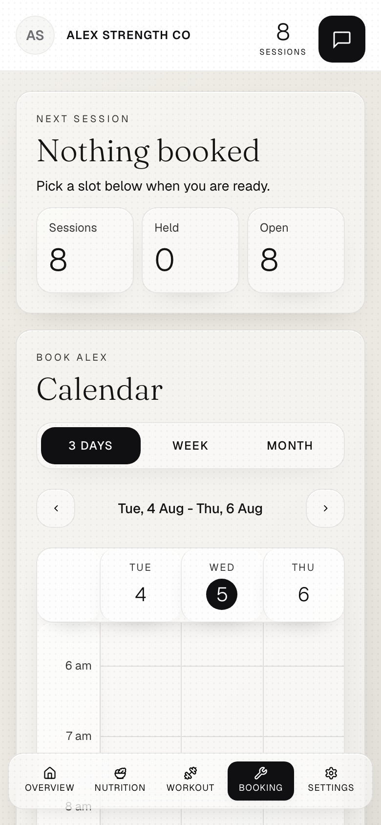 The client booking screen in Pulse.